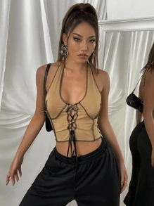 Lace Up Tie Back Crop Halter Top