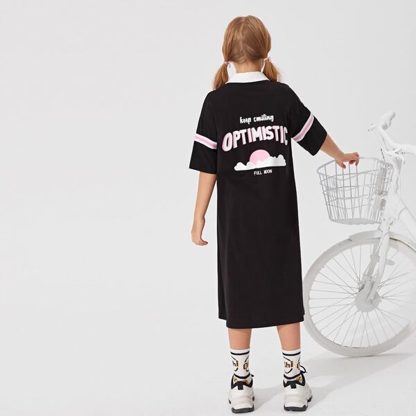

Girls Letter & Sun Print Striped Dress, Black