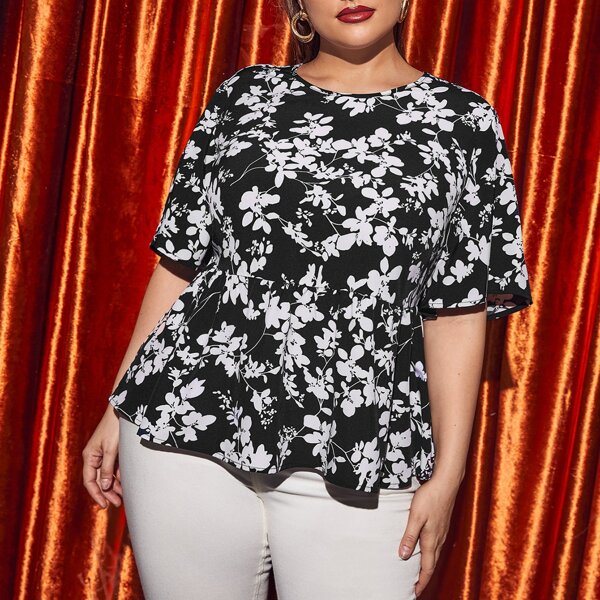 

Plus Butterfly Sleeve Floral Peplum Top, Black and white