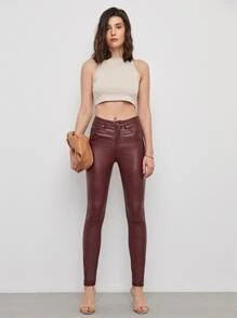 SHEIN Privé High Stretch Leather Look Skinny Jeans - Maroon - View 1