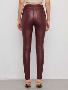 SHEIN Privé High Stretch Leather Look Skinny Jeans - Maroon - View 2