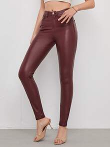 SHEIN Privé High Stretch Leather Look Skinny Jeans - Maroon - View 3