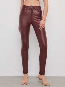 SHEIN Privé High Stretch Leather Look Skinny Jeans - Maroon - View 4