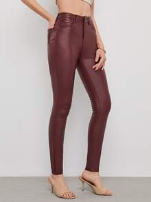 SHEIN Privé High Stretch Leather Look Skinny Jeans - Maroon - View 5