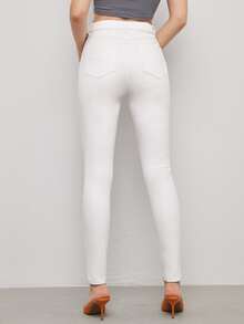 SHEIN Privé High Stretch Leather Look Skinny Jeans - White - View 2