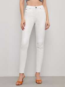SHEIN Privé High Stretch Leather Look Skinny Jeans - White - View 3