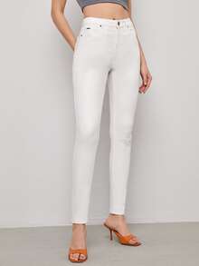 SHEIN Privé High Stretch Leather Look Skinny Jeans - White - View 4