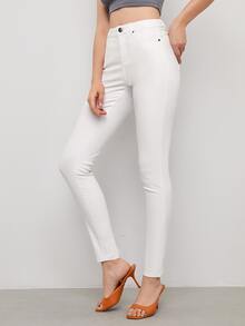 SHEIN Privé High Stretch Leather Look Skinny Jeans - White - View 5