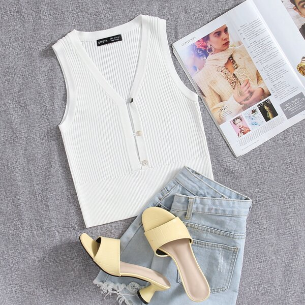 

Half Button Placket Crop Knit Top, White