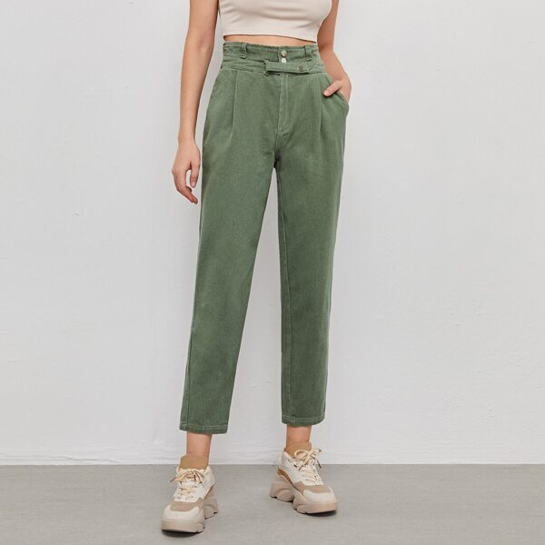 

High Waist Solid Mom Jeans, Army green