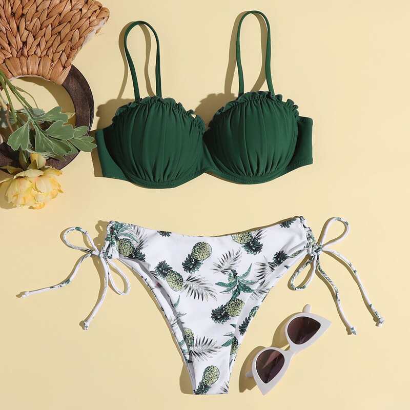 

Pineapple Print Lace-up Bikini Swimsuit, Multicolor