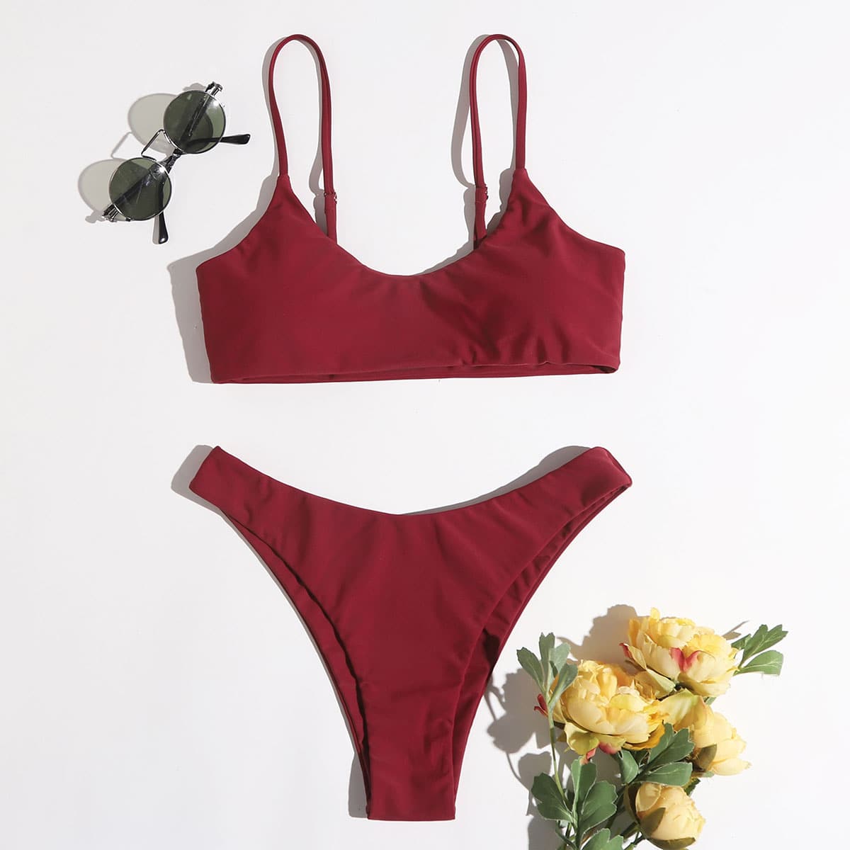 

Solid High Leg Bikini Swimsuit, Burgundy