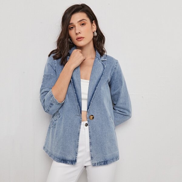 

Notched Collar Single Button Denim Coat, Light wash