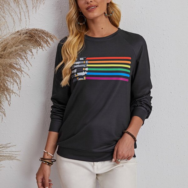 

Rainbow Striped Raglan Sleeve Sweatshirt, Black