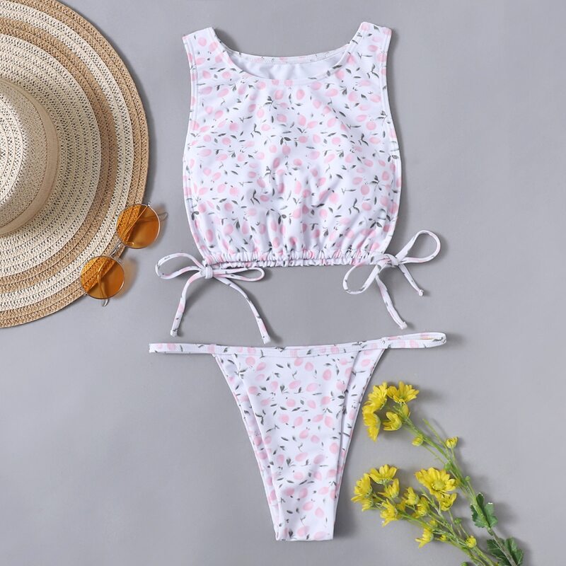 

Floral Drawstring Hem Bikini Swimsuit, Multicolor