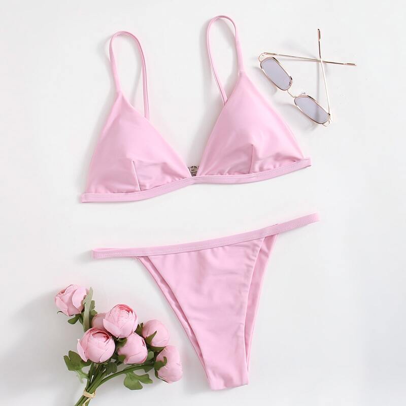 

Solid Triangle Thong Bikini Swimsuit, Pink
