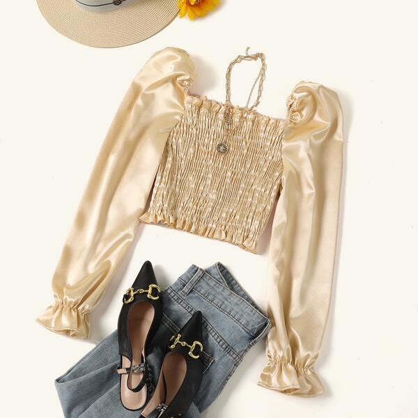 

Bell Sleeve Shirred Satin Crop Top, Apricot
