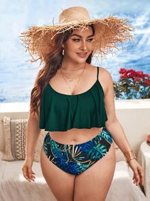 大码热带和链条印花荷叶边比基尼套装夏季海滩 - 彩色 - 查看 3