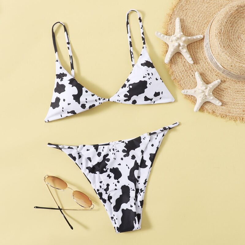 

Cow Print Triangle Bikini Swimsuit, Black and white
