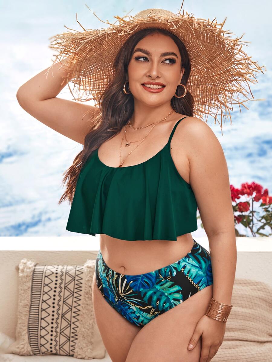 大码热带和链条印花荷叶边比基尼套装夏季海滩 - 彩色 - 查看 1