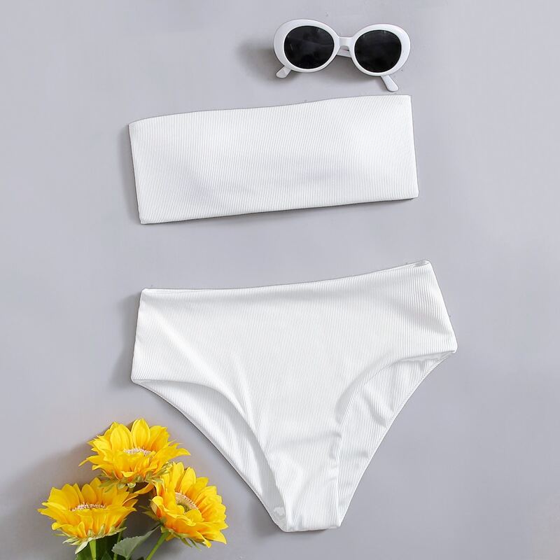 

Ribbed Bandeau High Waist Bikini Swimsuit, White