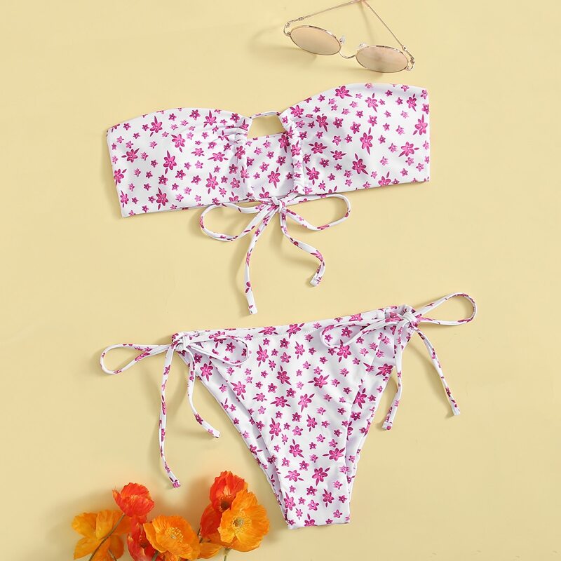 

Ditsy Floral Drawstring Front Bikini Swimsuit, Pink
