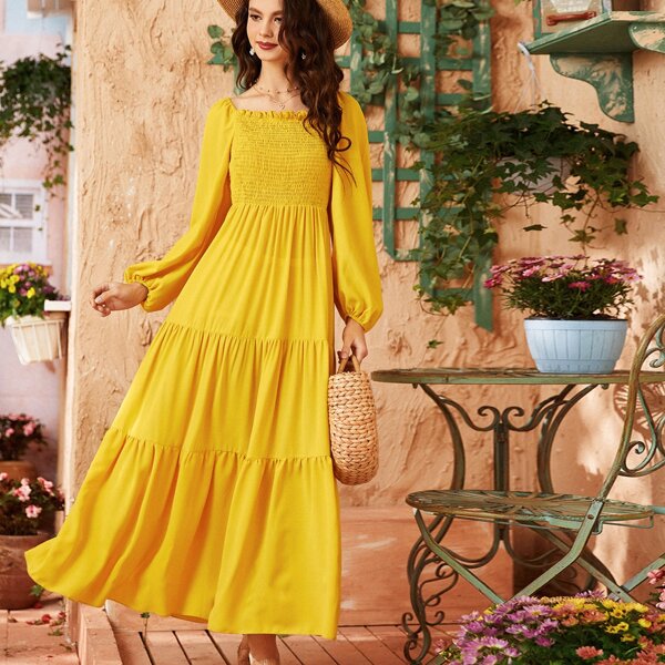 

Solid Frill Trim Shirred A-Line Dress, Yellow