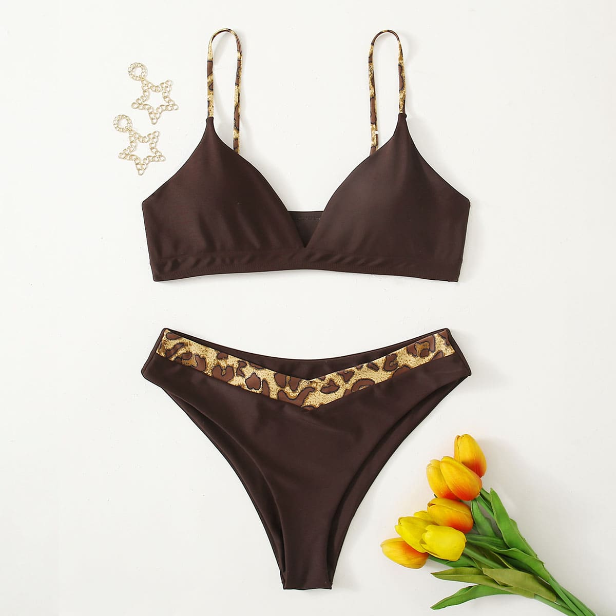 

Leopard Tape Cami Bikini Swimsuit, Coffee brown