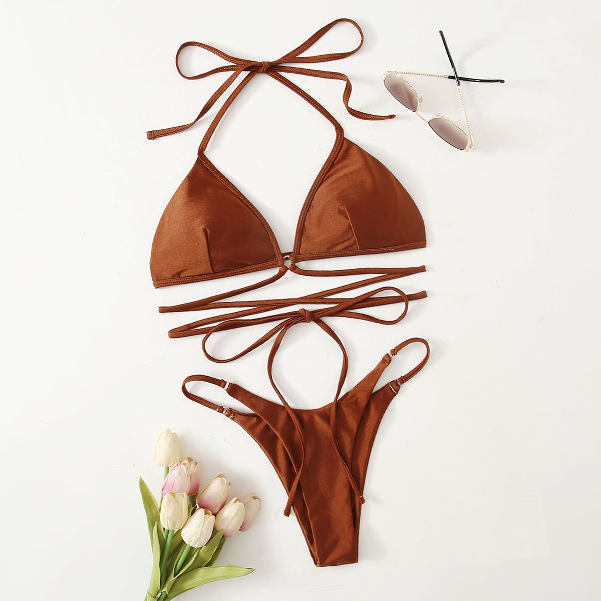 

Plain Crisscross Thong Bikini Swimsuit, Brown