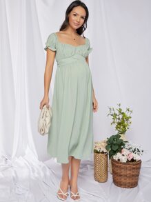 SHEIN 孕婦裝荷葉邊袖抽褶胸後繫帶連衣裙 - 薄荷綠 - 查看 3