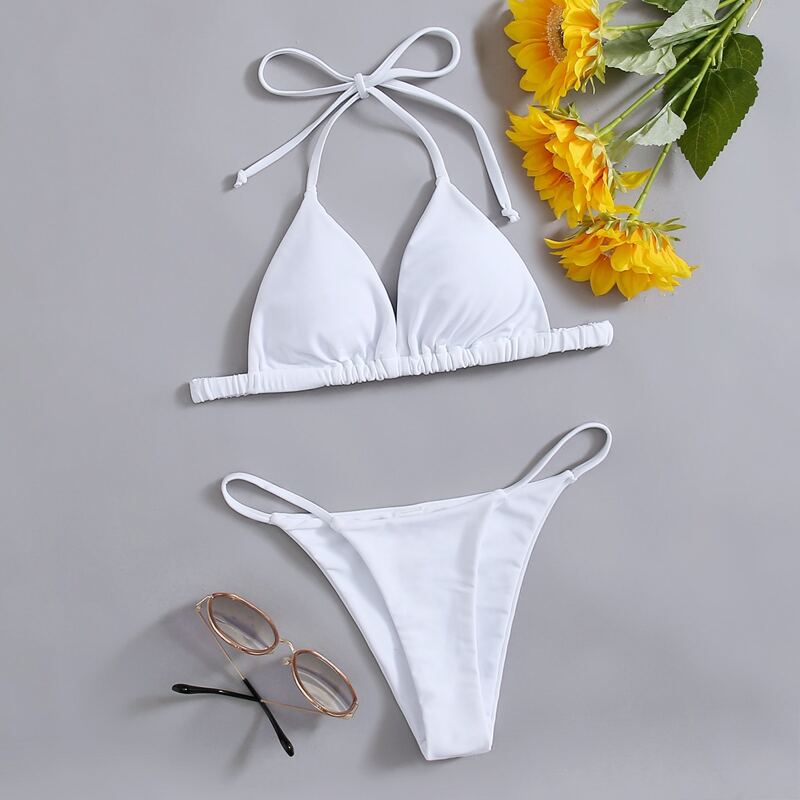 

Elastic Hem Halter Bikini Swimsuit, White