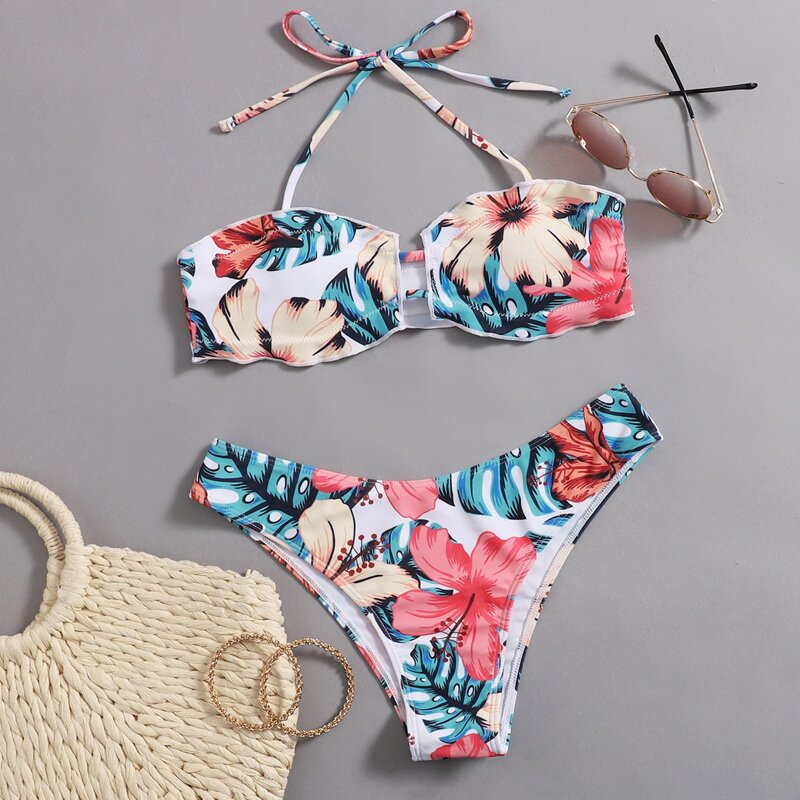 

Floral & Leaf Print Frill Bikini Swimsuit, Multicolor