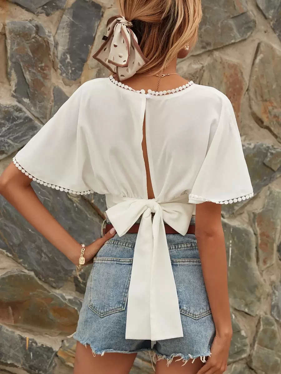 SHEIN Frenchy Tie Back Surplice Front Blouse Summer White - White - View 1