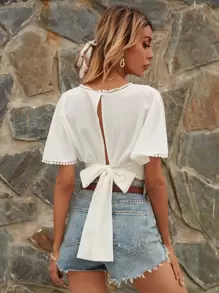 SHEIN Frenchy Tie Back Surplice Front Blouse Summer White - White - View 3