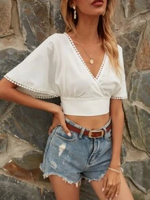 SHEIN Frenchy Tie Back Surplice Front Blouse Summer White - White - View 5