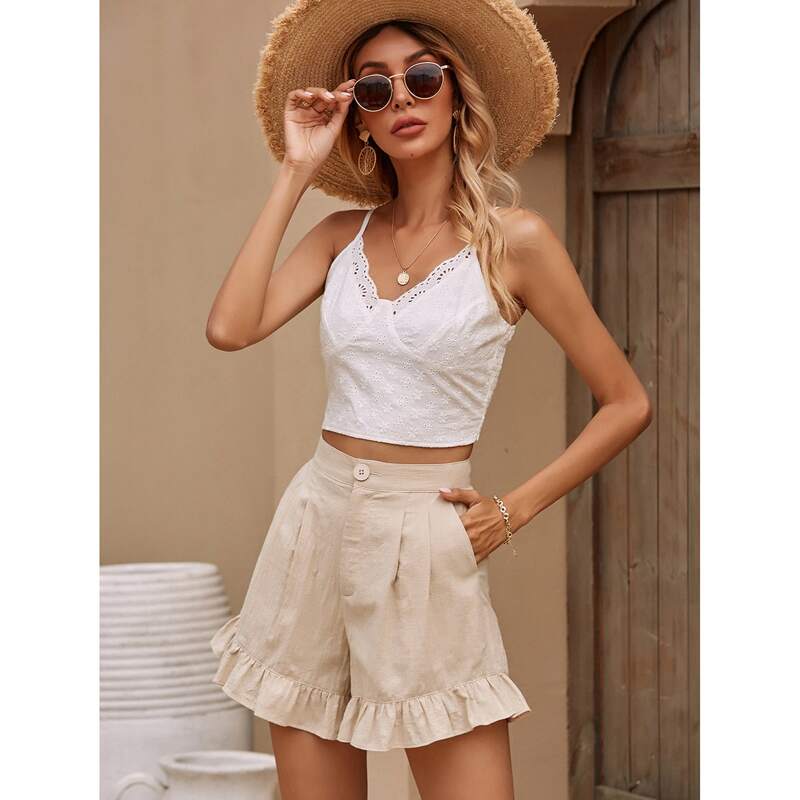

Ruffle Hem Solid Shorts, Apricot