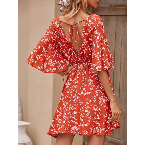 

Floral Surplice Front Tie Back Swing Dress, Red