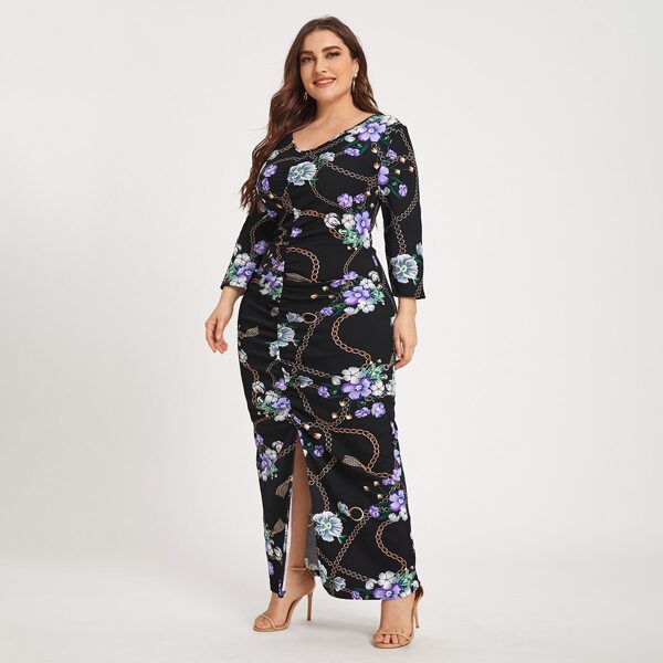 

Plus Floral & Chain Print Split Hem Dress, Multicolor
