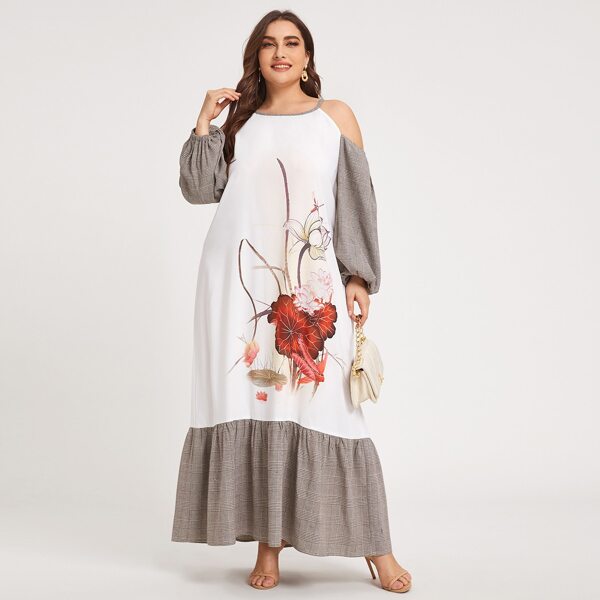 

Plus Cold Shoulder Lantern Sleeve Plaid Panel Floral Print Dress, Multicolor