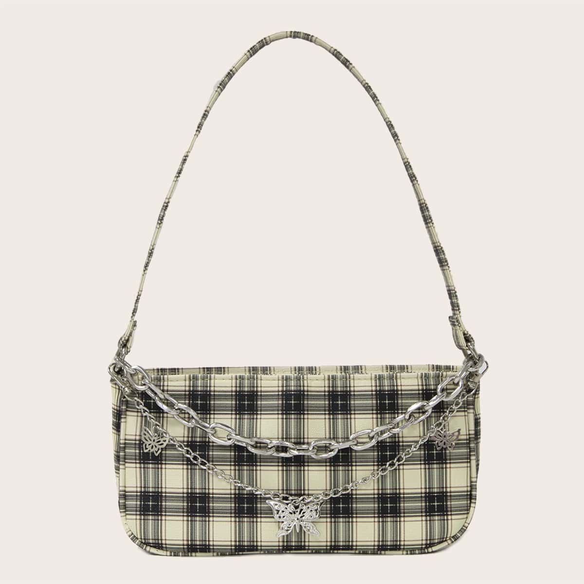

Butterfly & Chain Decor Plaid Baguette Bag, Black