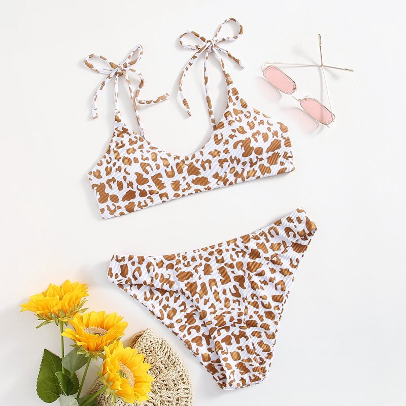 

Leopard Tie Shoulder Bikini Swimsuit, Multicolor