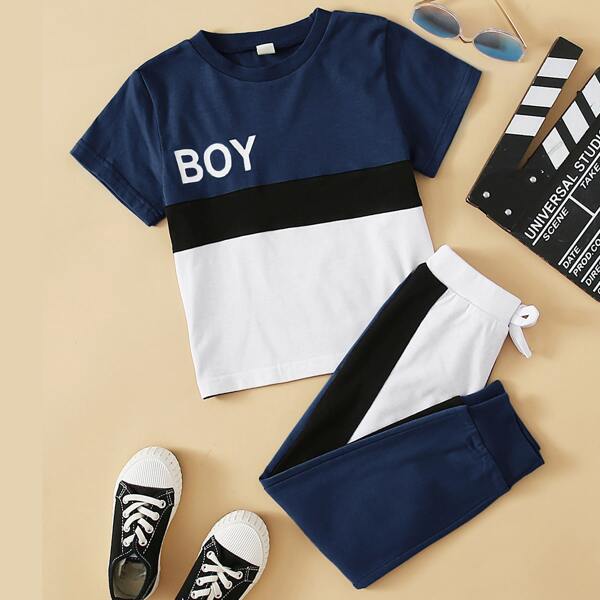 

Toddler Boys Cut And Sew Letter Graphic Tee With Knot Sweatpants, Navy blue