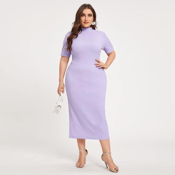 

Plus Mock Neck Split Hem Solid Dress, Lilac purple