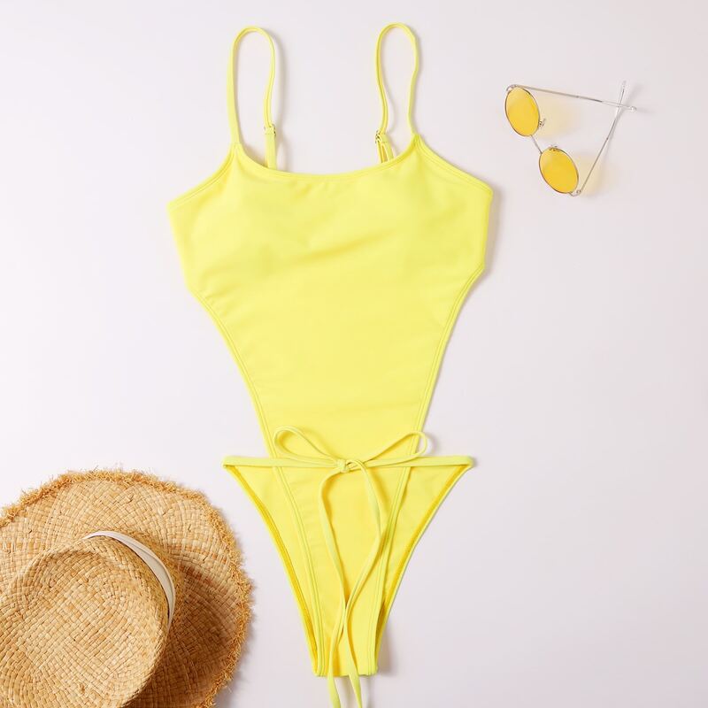 

Tie Front High Leg One Piece Swimsuit, Yellow