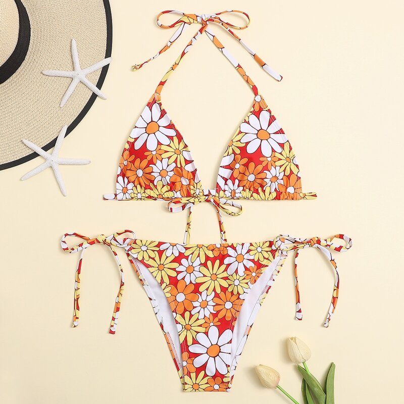 

Floral Triangle Tie Side Bikini Swimsuit, Multicolor