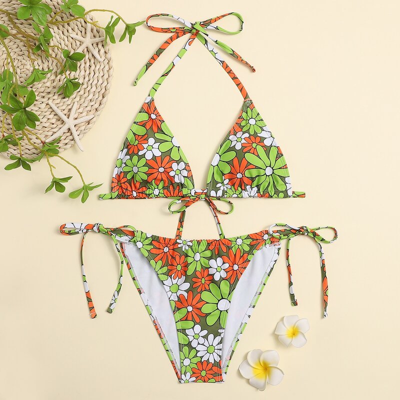 

Floral Triangle Tie Side Bikini Swimsuit, Multicolor