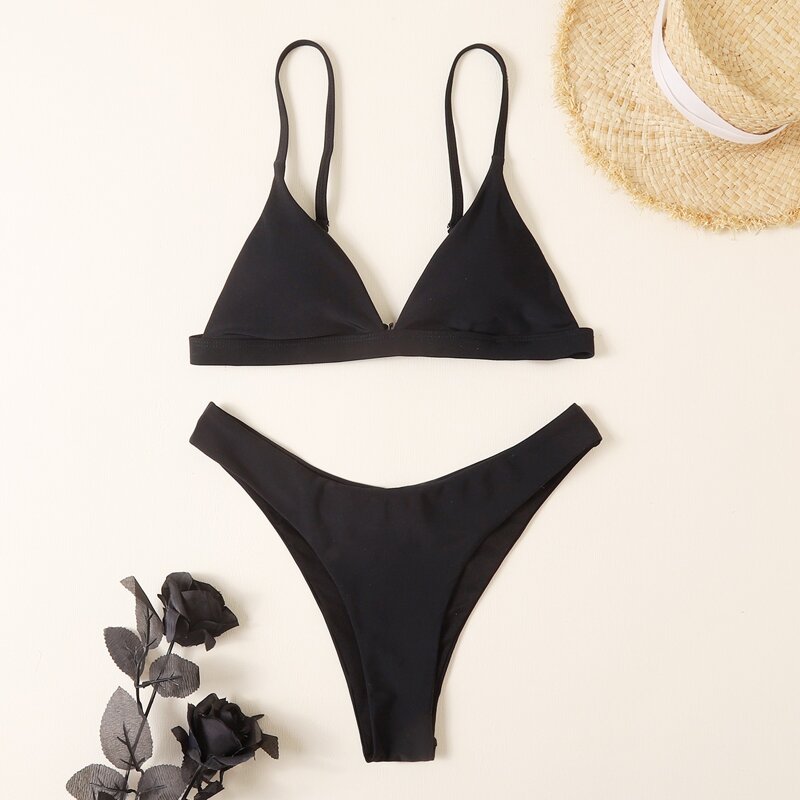 

Solid Triangle Bikini Swimsuit, Black