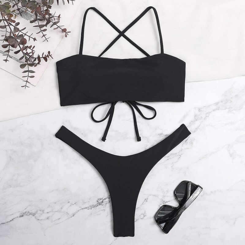 

Lace-up High Leg Bikini Swimsuit, Black