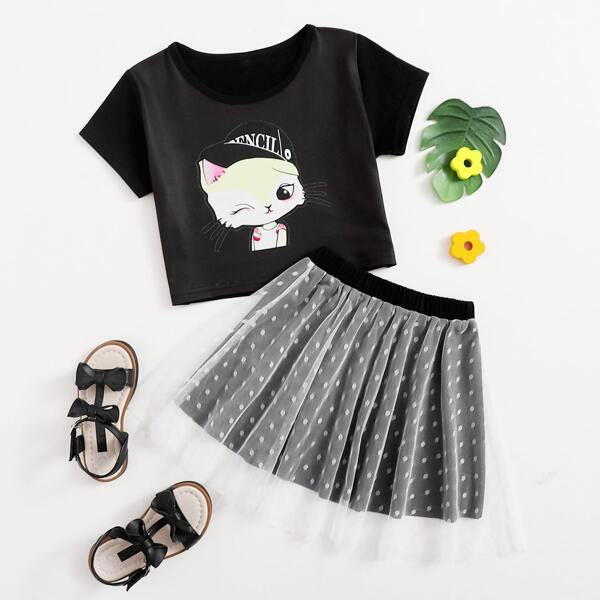 

Toddler Girls Cartoon & Letter Graphic Tee With Skirt, Black and white