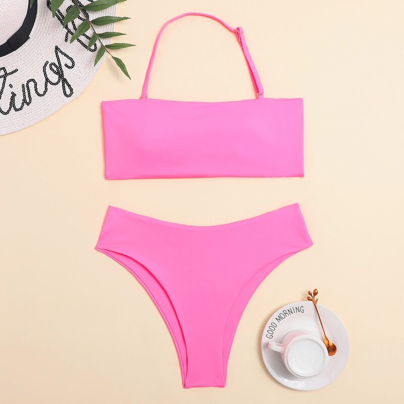 

Solid Halter Bikini Swimsuit, Pink
